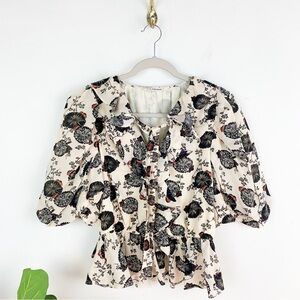 Ulla Johnson Nadya Ruffled Floral Print Cotton Blend Voile Blouse Sz 4